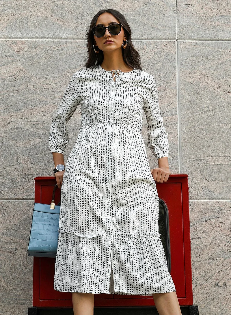 Pinacolada  Women's Ivory White & Midnight Black Chalk Striped Midi Dress for Women | Best Price UAE