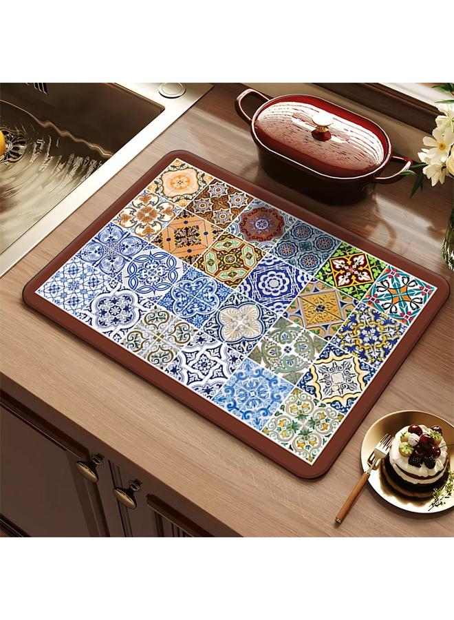 Bluejw Colorful Tile Series Kitchen Drain Mat Water Absorbent Quick-drying Tableware Mat Bar Counter Heat Insulation Mat Coffee Machine Drain Mat  - Image 5