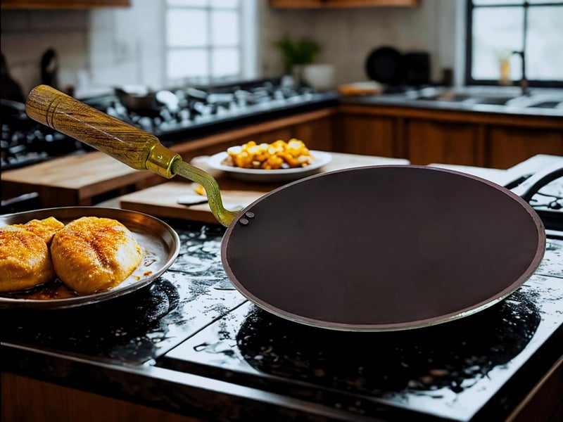 BARTN Pure Iron Tawa for Roti/Chapati with Wooden Handle | Premium Heavy Iron Handmade Curved Tava for Multipurpose Uses with Health Benefits | Non-Toxic, No Chemical Layers| 10 Inch, 1.3 KG - Image 4