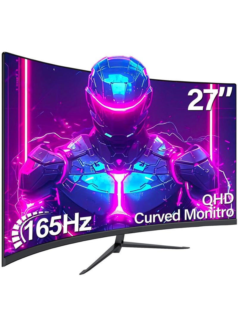 27 "شاشة منحنية ، HD الكامل (2560 * 1440p) 165 هرتز معدل تحديث المرتفعات المحترفة كمبيوتر المهنية ، 3sides بدون إطار ، وميض أقل ، مرشح الضوء الأزرق ، للمكتب والألعاب (DP ، HDMI) الأسود