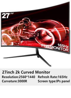 27" Curved Monitor, Full HD(2560 * 1440P) 165Hz High Refresh Rate Professional Gaming Computer Monitor,3Sides Frameless,Flicker-less,Blue Light Filter,for Office&Gaming(DP,HDMI) Black