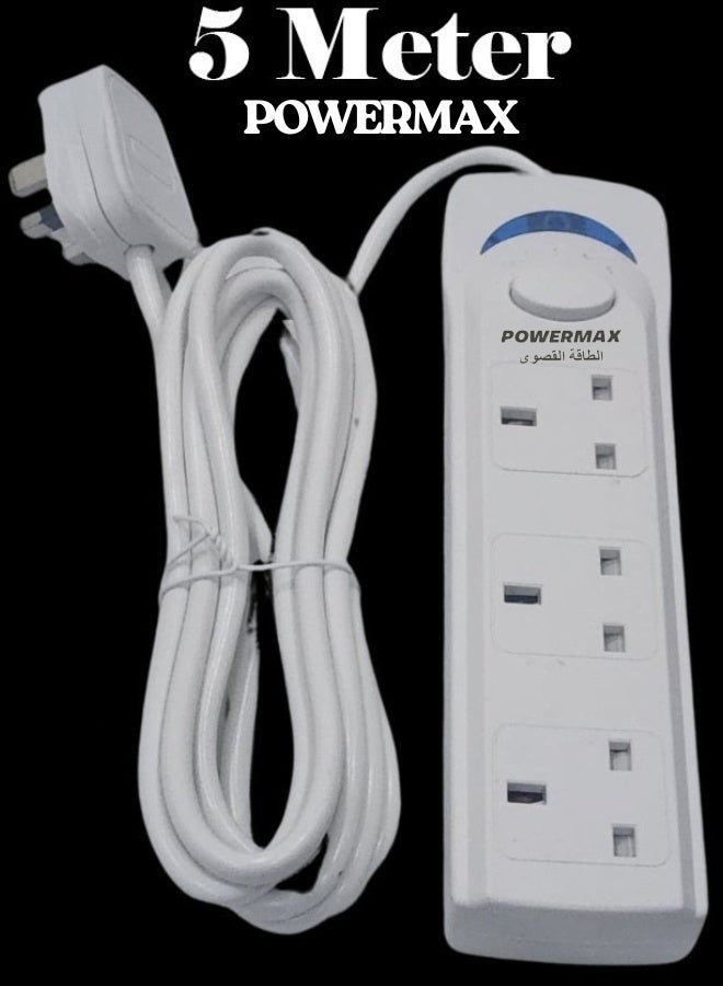 PowerMax 5 Meter PowerMax Strips Extension Cord | 3 Sockets Universal Plug Adapter with 3Meter Bold Extension Cable | Best Power Socket | Extension Board | Extension Cable | Extension Socket Best For Home,Office,Kitchen ,Travel And More (White) ((5Meter))