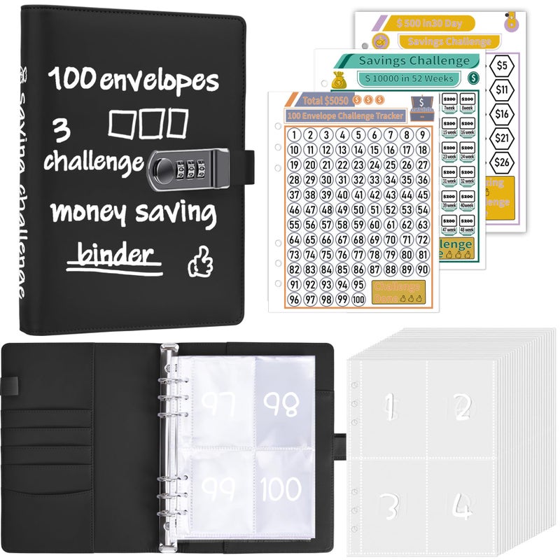 Antner 100 Envelopes Money Saving Challenge Binder with Lock, A5 Savings Binder Challenge Book Budget Planner with Cash Envelopes for Money Saving - Password Lock to Protect Cash Security, Navy Blue - Image 1