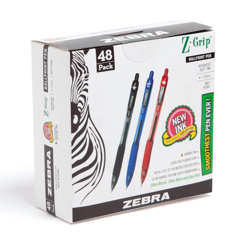 Zebra Pen Z-Grip Retractable Ballpoint Pen, Smooth-Flowing Black/Blue/Red Ink, 1.0mm Medium Point, School Supplies, Teacher Supplies, and Office Supplies, 48-Pack (22048) - Image 1