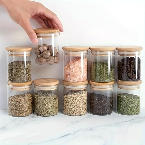 SILIVO Glass Containers For Kitchen Set of 12 Kitchen Glass Containers With Wooden Lid | Airtight Glass Jars For Storage | Kitchen Container Set Glass | Spice Jars, Masala Box | 220Ml Each,Clear - Image 1
