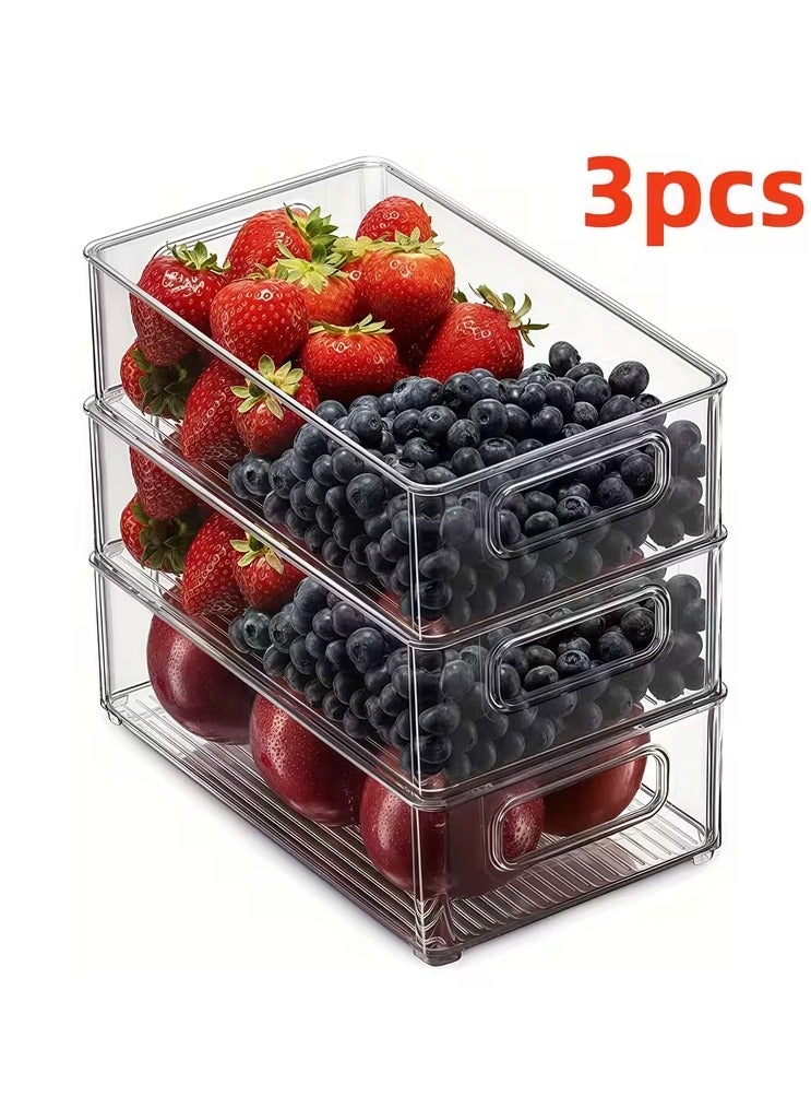 كيتشينو مجموعة من 3 صناديق تنظيم للثلاجة - منظمات ثلاجة قابلة للتكديس مع مقابض مفرغة للفريزر والمطبخ وسطح الطاولة والخزائن - رف تخزين طعام بلاستيكي شفاف - Image 1