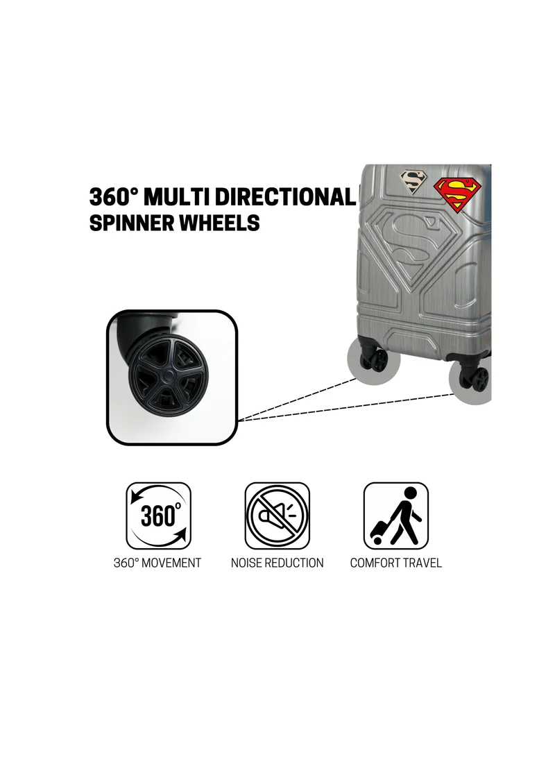 Warner Bros. Superman Logo Embossed Luggage Suitcase, Lightweight Polycarbonate Travel Trolley Bag with 360° Spinner Wheels, TSA Lock and Durable PP Material, Grey 61cm