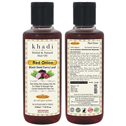 Satvayush Khadi Red Onion Oil with Extract Black Seed & Curry Leaf Herbal & Natural Hair Growth Oil - 210 ml (Pack of 1) - Image 2
