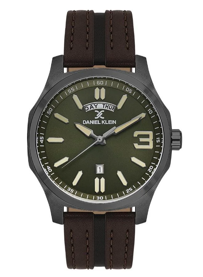 DANIEL KLEIN Men's Leather Black Alloy Case Analog Green Round Sunray Dial Japanese Quartz Premium 50 Meters Water Resistant