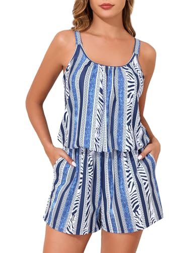 Summer Mae Swim Romper Women's One Piece Swimsuits with Pockets 2025 Blouson Modest Bathing Suits Blue Vertical Size 10 - Image 1