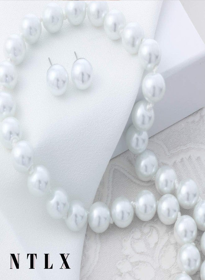 NTLX Pearl Necklace and Earring Set -10mm Basic Knotted Round Simulated Pearls – 16”+3” Extender - Bridal, Wedding, Party, Evening, Costume, Casual, Everyday Wear - Image 3