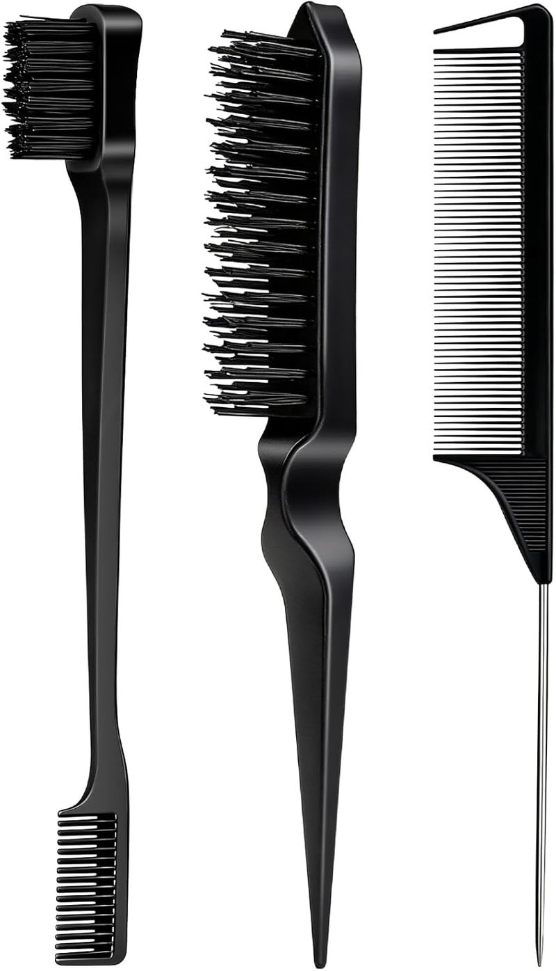 Goiple 3 Pieces Comb Set for Teasing, Edge & Back Brushing - Rat Tail & Edge Combs for Styling Women's Hair (Black) - Image 1