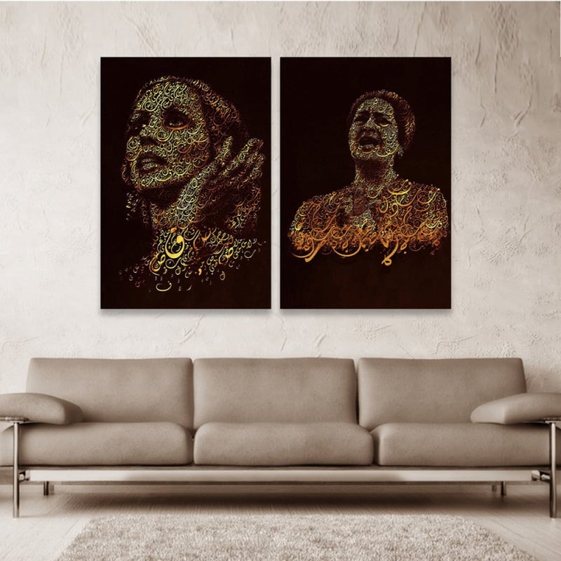 ماركتنا لوحة قماشية ثنائية بتصميم مودرن فيروز و ام كلثوم بمقاس اجمالي 80×60 سم - Image 1
