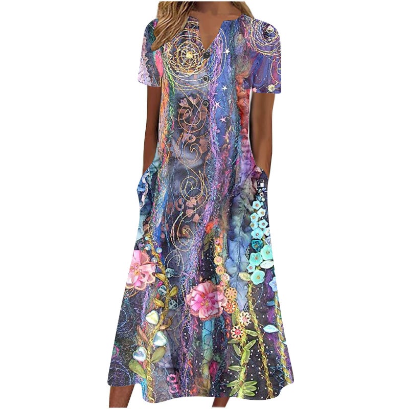 Women's V-Neck Button Short Sleeve Loose Fit Printed Midi Dress - Image 2