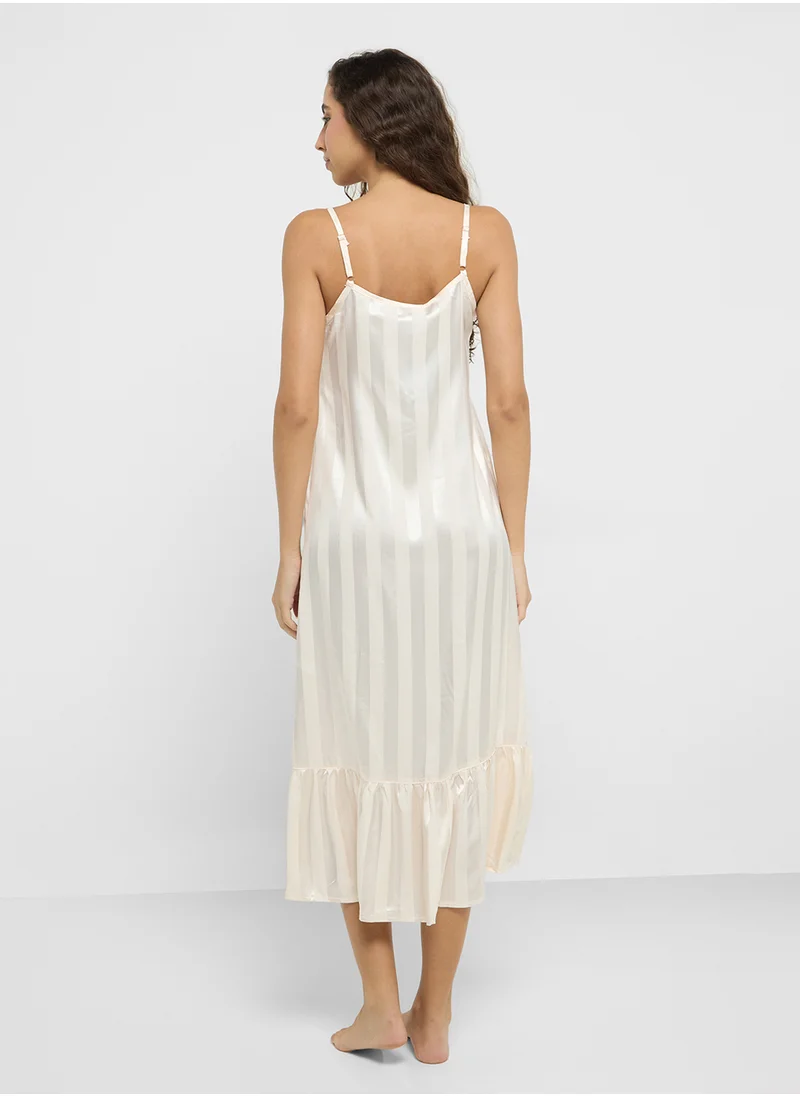 Ginger Satin Stripe Slip Dress With Frill Hem