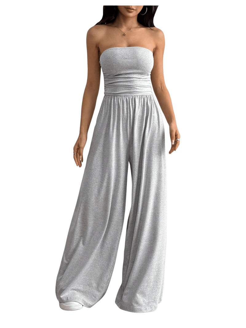 OYOANGLE Women's Strapless Jumpsuits Ruched Wide Leg Tube Romper Vacation Going Out Summer Outfits Light Grey X-Small - Image 1