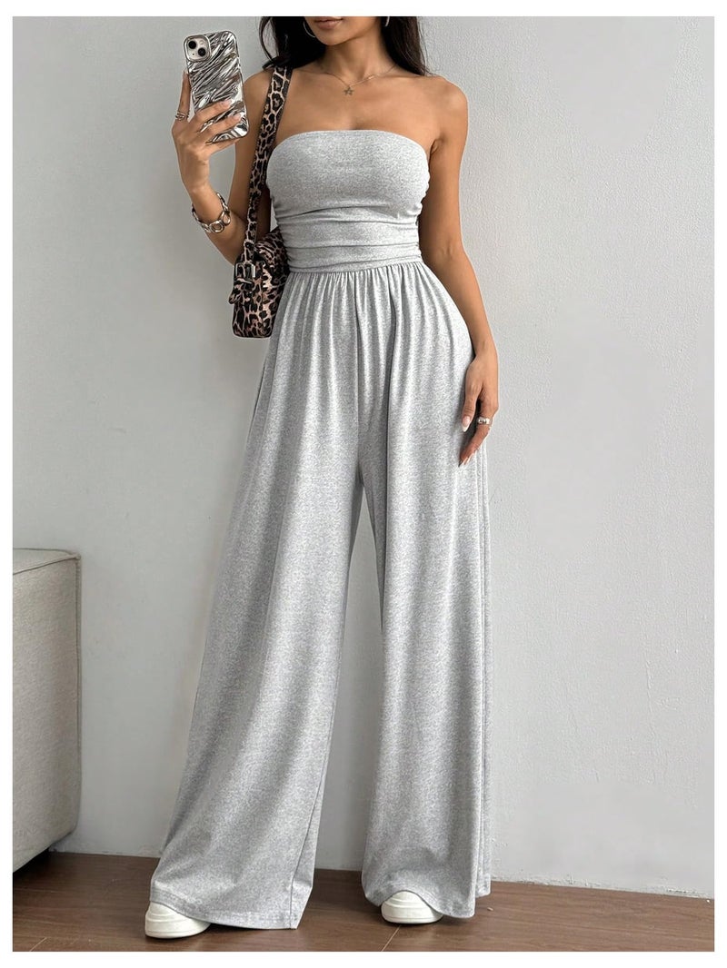 OYOANGLE Women's Strapless Jumpsuits Ruched Wide Leg Tube Romper Vacation Going Out Summer Outfits Light Grey X-Small - Image 4
