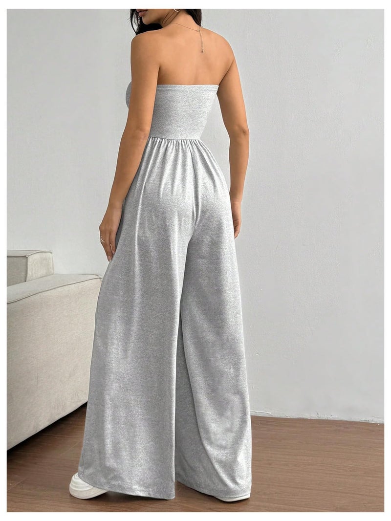 OYOANGLE Women's Strapless Jumpsuits Ruched Wide Leg Tube Romper Vacation Going Out Summer Outfits Light Grey X-Small - Image 2