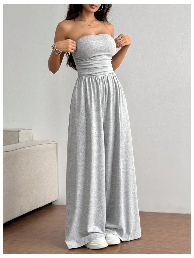 OYOANGLE Women's Strapless Jumpsuits Ruched Wide Leg Tube Romper Vacation Going Out Summer Outfits Light Grey X-Small - Image 3