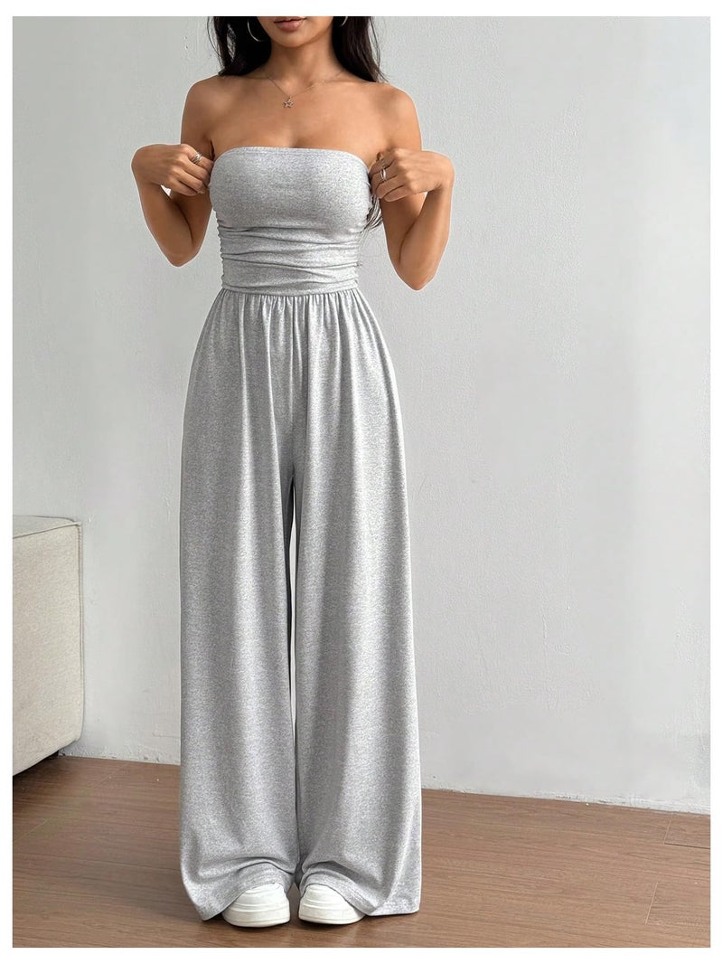 OYOANGLE Women's Strapless Jumpsuits Ruched Wide Leg Tube Romper Vacation Going Out Summer Outfits Light Grey X-Small - Image 5