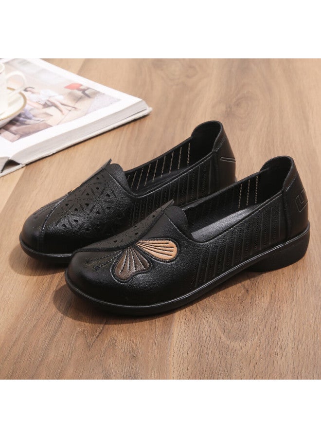 Pull Back Huili Mom Shoes For Women, Comfortable Middle-aged Non-slip Perforated Middle-aged Single Shoes, Summer Sandals, Soft-soled Leather Shoes, 0101 Black, Size 38 - Image 2