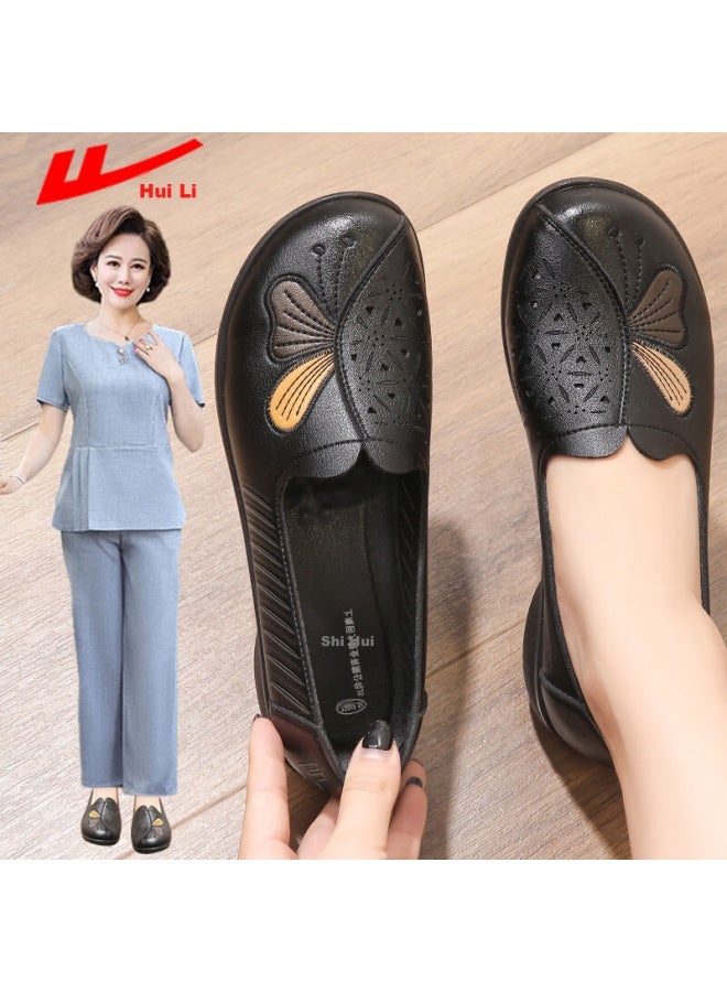 Pull Back Huili Mom Shoes For Women, Comfortable Middle-aged Non-slip Perforated Middle-aged Single Shoes, Summer Sandals, Soft-soled Leather Shoes, 0101 Black, Size 38 - Image 1
