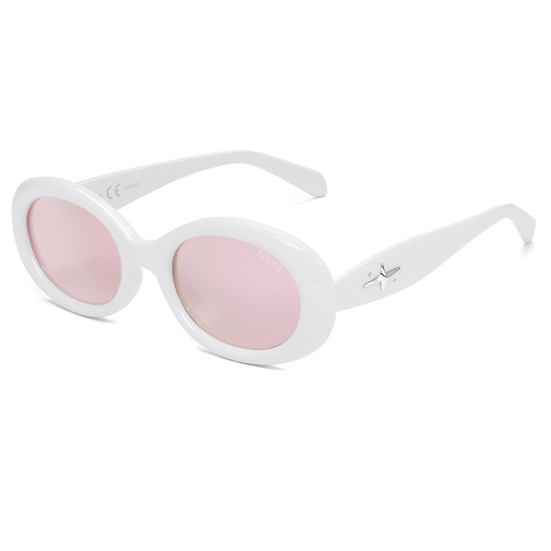 SOJOS Small Retro Oval Polarized Sunglasses for Women Men 90s Vintage UV400 Protection Tiny Sun Glasses SJ2286,White/Pink Mirrored - Image 1
