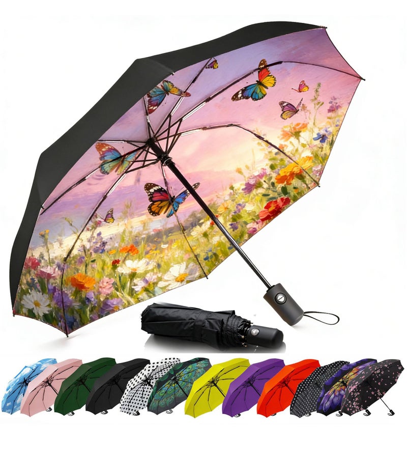 SIEPASA Compact Travel Umbrella - Windproof Auto Open/Close, Lightweight Folding Umbrella wIth Fiberglass Frame & Waterproof Canopy. Fits Backpack/Purse. (Garden Butterfly) - Image 1
