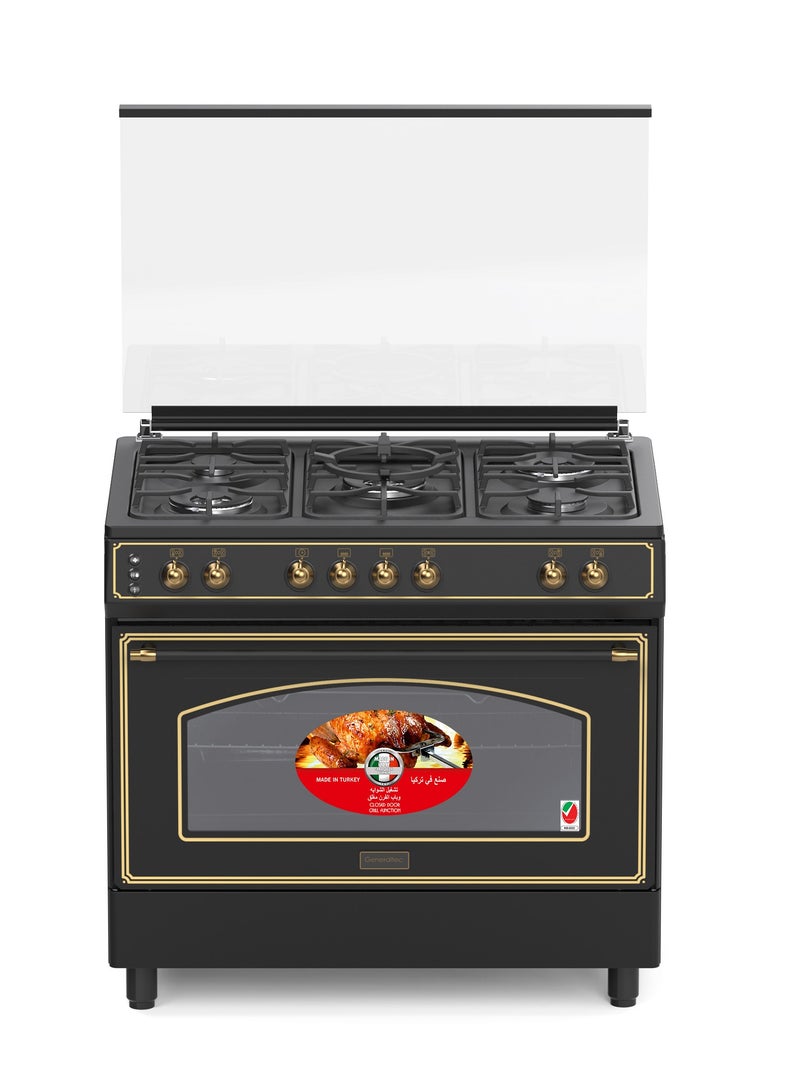 Generaltec 90x60cm Gas Cooking Range 5 Burners, 3 Wok Burners, Dual Convection Fan Oven, Auto Ignition, Full Safety, Oven Light, Closed Door Grill, Heavy Duty Cooker | Assembled in Turkey with Italian Parts | Model GCTR98BR | 1 Year Warranty 5 GCTR98BR Black - Image 1