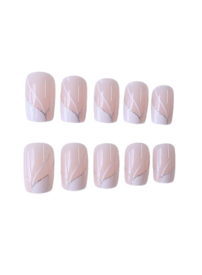 Goolsky Premium Medium-Long Square Press-on Nails with White Lines & Glitter for Chic Glam - Image 2