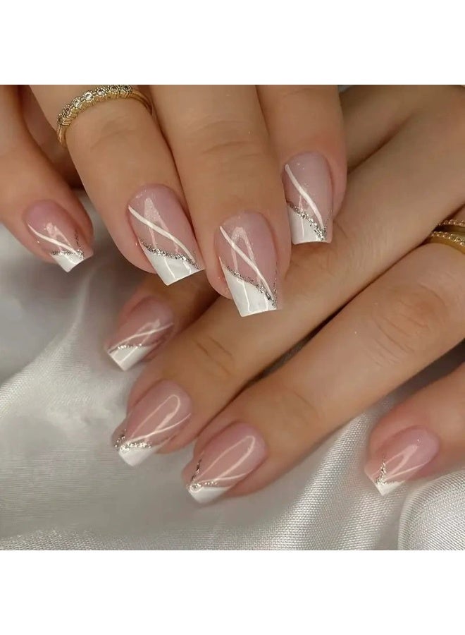 Goolsky Premium Medium-Long Square Press-on Nails with White Lines & Glitter for Chic Glam - Image 1