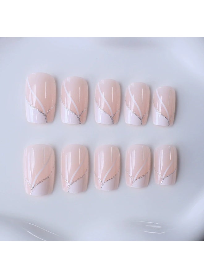 Goolsky Premium Medium-Long Square Press-on Nails with White Lines & Glitter for Chic Glam - Image 3