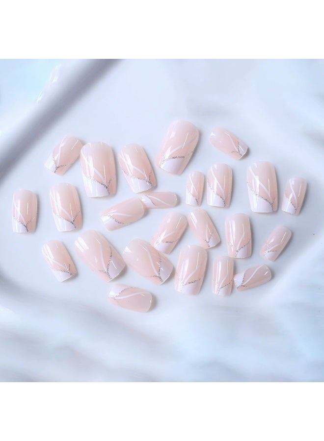 Goolsky Premium Medium-Long Square Press-on Nails with White Lines & Glitter for Chic Glam - Image 4