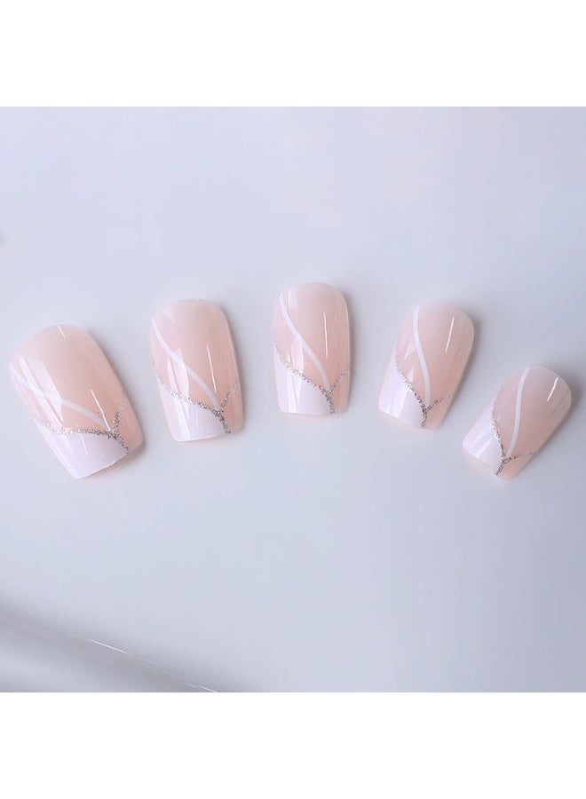 Goolsky Premium Medium-Long Square Press-on Nails with White Lines & Glitter for Chic Glam - Image 5