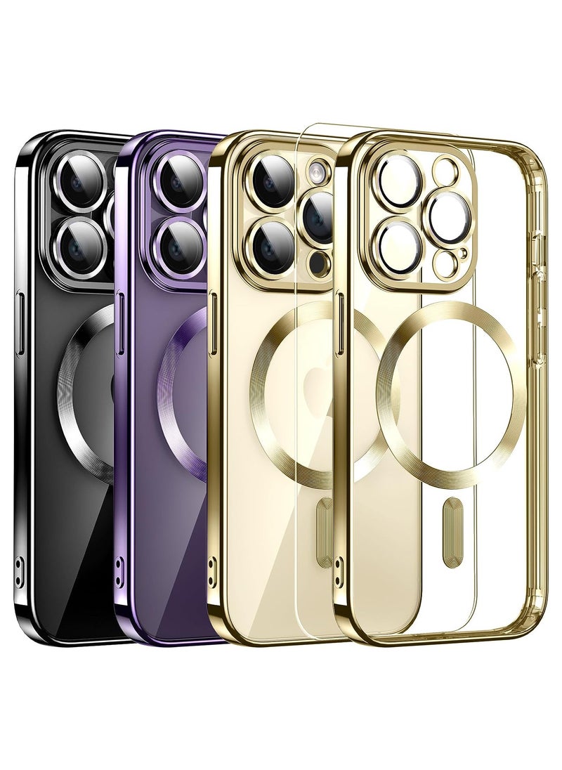 Generic - For iPhone 15 Pro Max Case, Phone Case iPhone 15 Pro Max with MagSafe,2 Glass Screen Protector+Camera Lens Protector, Clear Magnetic Plated Slim Soft TPU Electroplated Bumper Protective Cover, Gold - Image 1