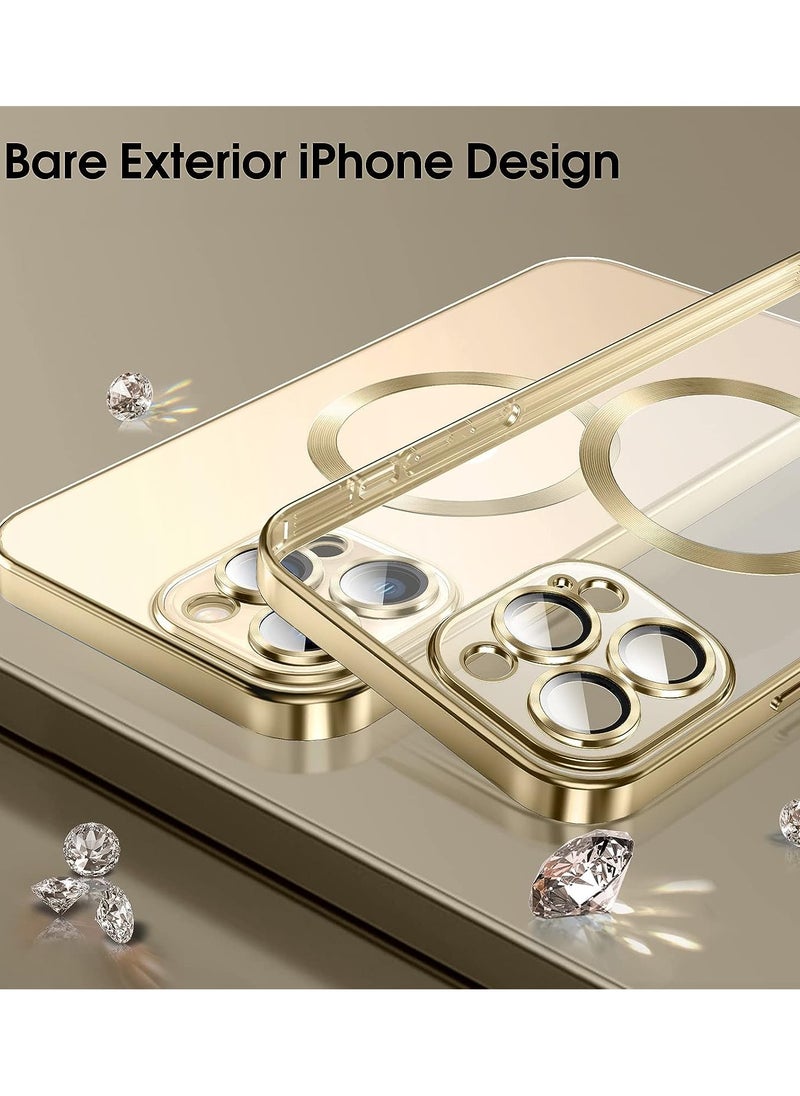 Generic - For iPhone 15 Pro Max Case, Phone Case iPhone 15 Pro Max with MagSafe,2 Glass Screen Protector+Camera Lens Protector, Clear Magnetic Plated Slim Soft TPU Electroplated Bumper Protective Cover, Gold - Image 1