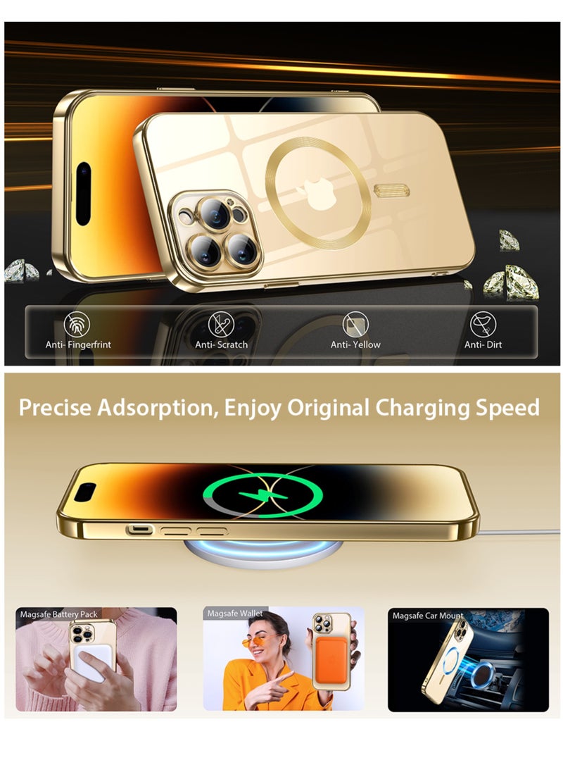 Generic - For iPhone 15 Pro Max Case, Phone Case iPhone 15 Pro Max with MagSafe,2 Glass Screen Protector+Camera Lens Protector, Clear Magnetic Plated Slim Soft TPU Electroplated Bumper Protective Cover, Gold - Image 1