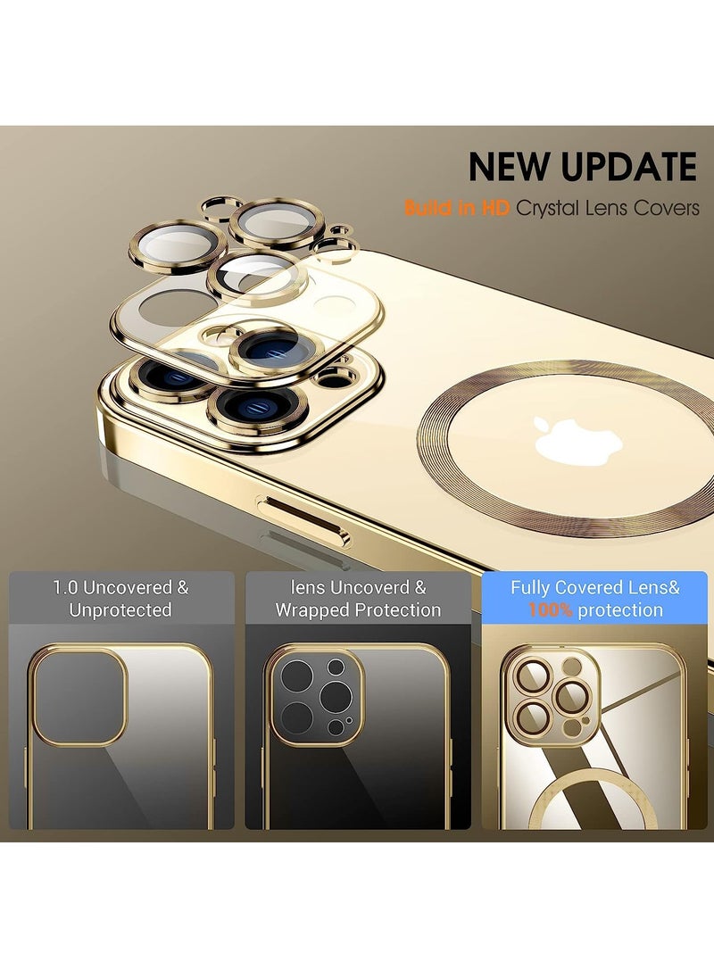 Generic - For iPhone 15 Pro Max Case, Phone Case iPhone 15 Pro Max with MagSafe,2 Glass Screen Protector+Camera Lens Protector, Clear Magnetic Plated Slim Soft TPU Electroplated Bumper Protective Cover, Gold - Image 1