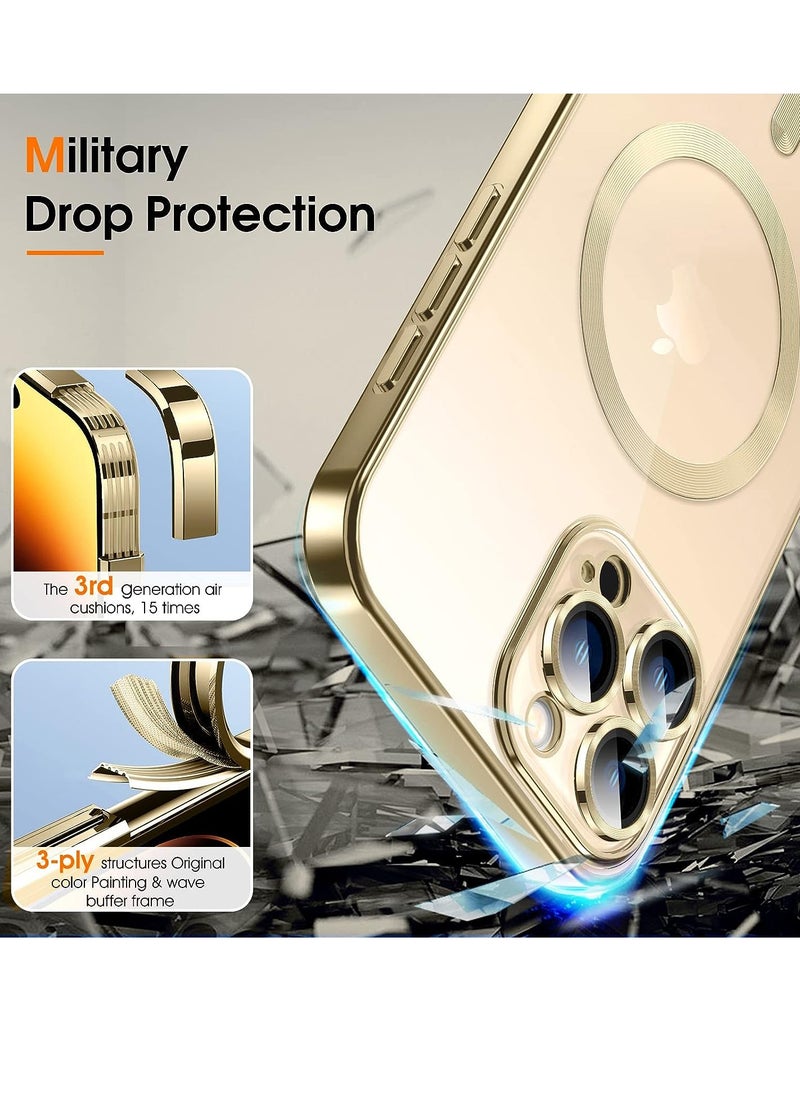 Generic - For iPhone 15 Pro Max Case, Phone Case iPhone 15 Pro Max with MagSafe,2 Glass Screen Protector+Camera Lens Protector, Clear Magnetic Plated Slim Soft TPU Electroplated Bumper Protective Cover, Gold - Image 1