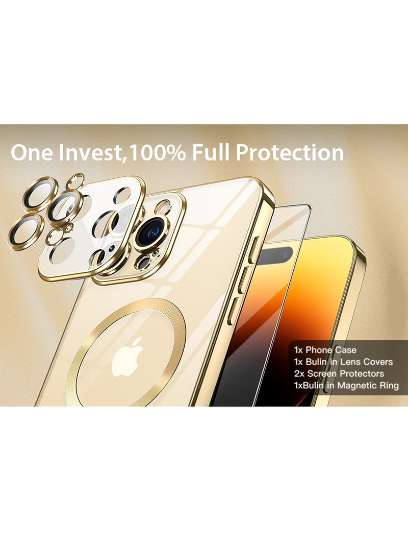 Generic - For iPhone 15 Pro Max Case, Phone Case iPhone 15 Pro Max with MagSafe,2 Glass Screen Protector+Camera Lens Protector, Clear Magnetic Plated Slim Soft TPU Electroplated Bumper Protective Cover, Gold - Image 1