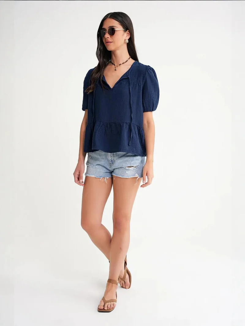 MixRay Mixray Textured Muslin Crew Neck Blouse with Binding Detail