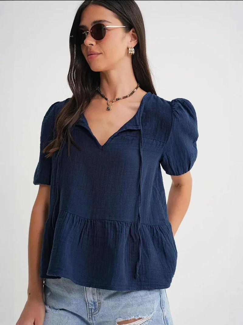 MixRay Navy Blue Mixray Textured Muslin Crew Neck Blouse with Binding Detail for Women | Best Price UAE