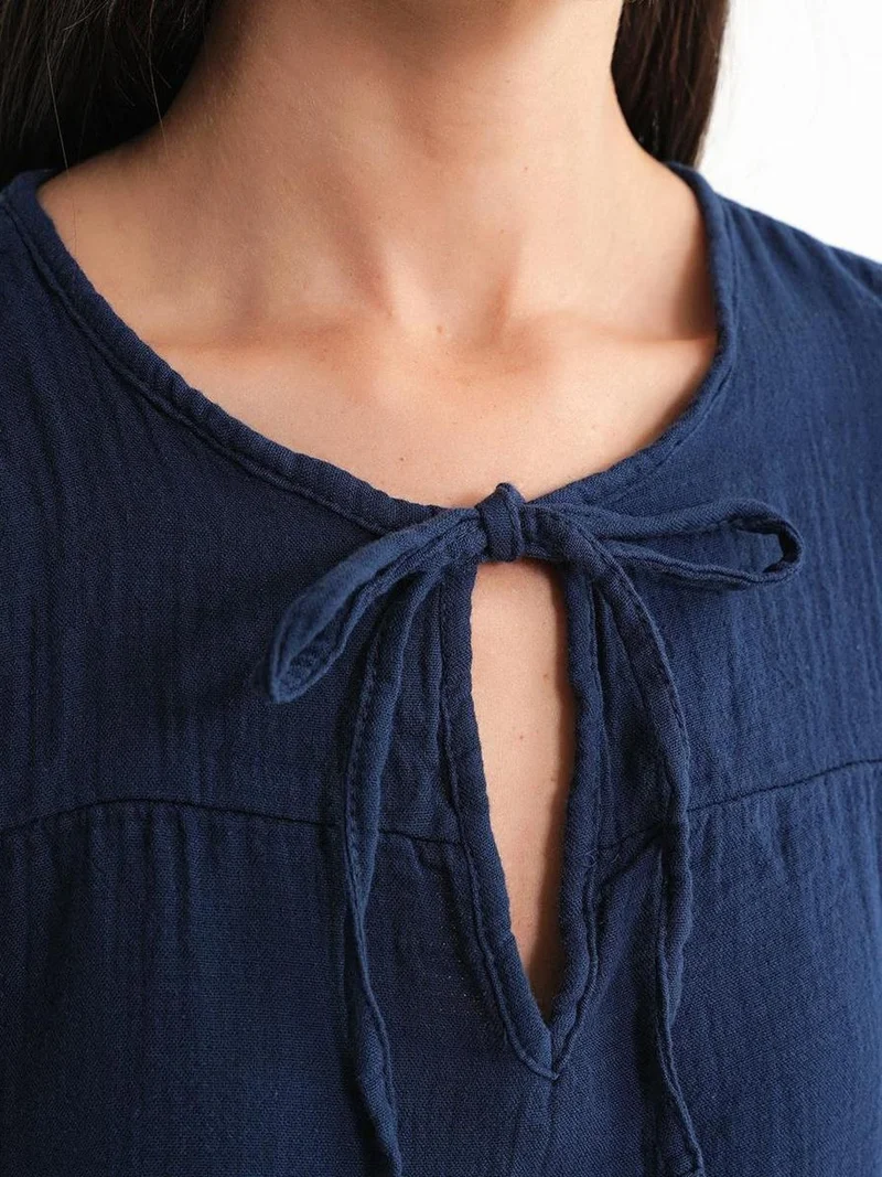 MixRay Navy Blue Mixray Textured Muslin Crew Neck Blouse with Binding Detail for Women | Best Price UAE