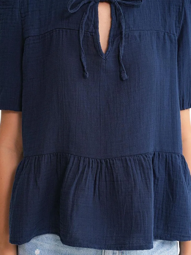 MixRay Navy Blue Mixray Textured Muslin Crew Neck Blouse with Binding Detail for Women | Best Price UAE
