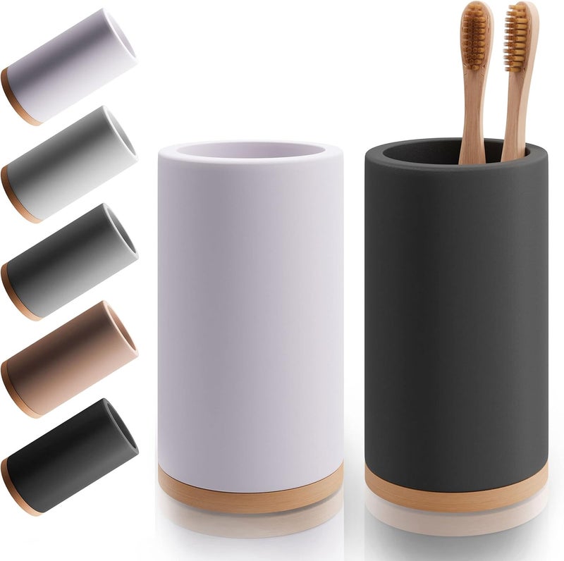 Matani Bamboo Toothbrush Holder Diatomite Tooth Brush Organizer - Storage Stand for Small Bathroom & Counter - Removable Base & Drain Holes, Water-Absorbent & Quick-Drying (Off White & Black) - Image 1