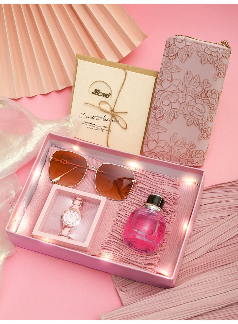 New ladies pink exquisite watch gift box, matching scarf, floral wallet and perfume, suitable for her perfect holiday birthday gift