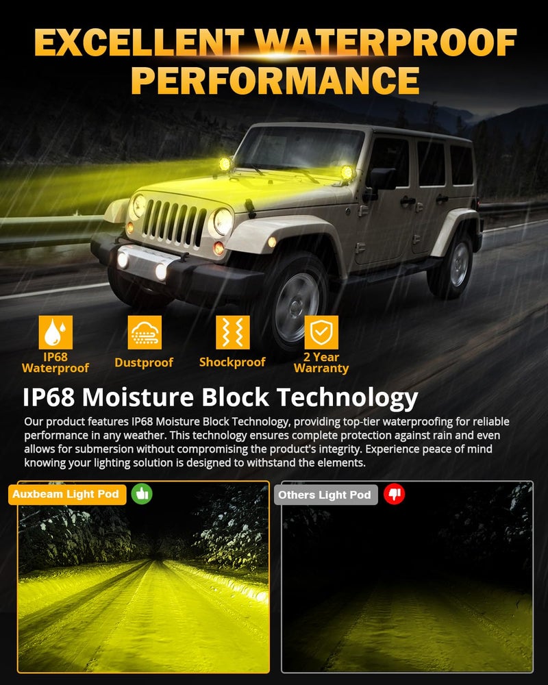 Auxbeam 4In 90W Amber Round Led Offroad Lights 2PCS 9000LM Amber Fog Super Bright Driving Light with Wiring Harness Kit Spot Beam Pod Light for Truck SUV ATV UTV Jeep Wrangler Motorcycle - Image 4