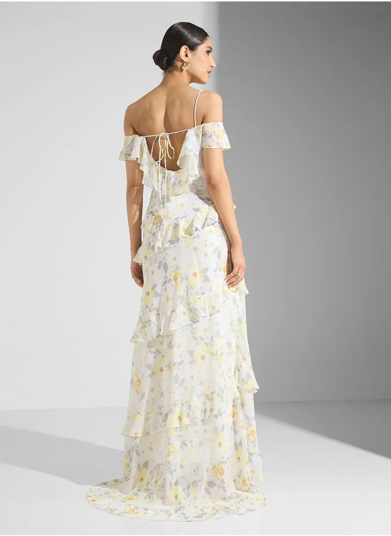 True Decadence Off Shoulder Ruffle Maxi Dress