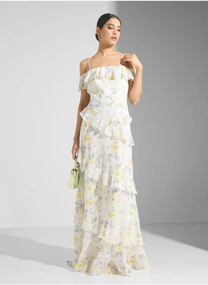 True Decadence Off Shoulder Ruffle Maxi Dress