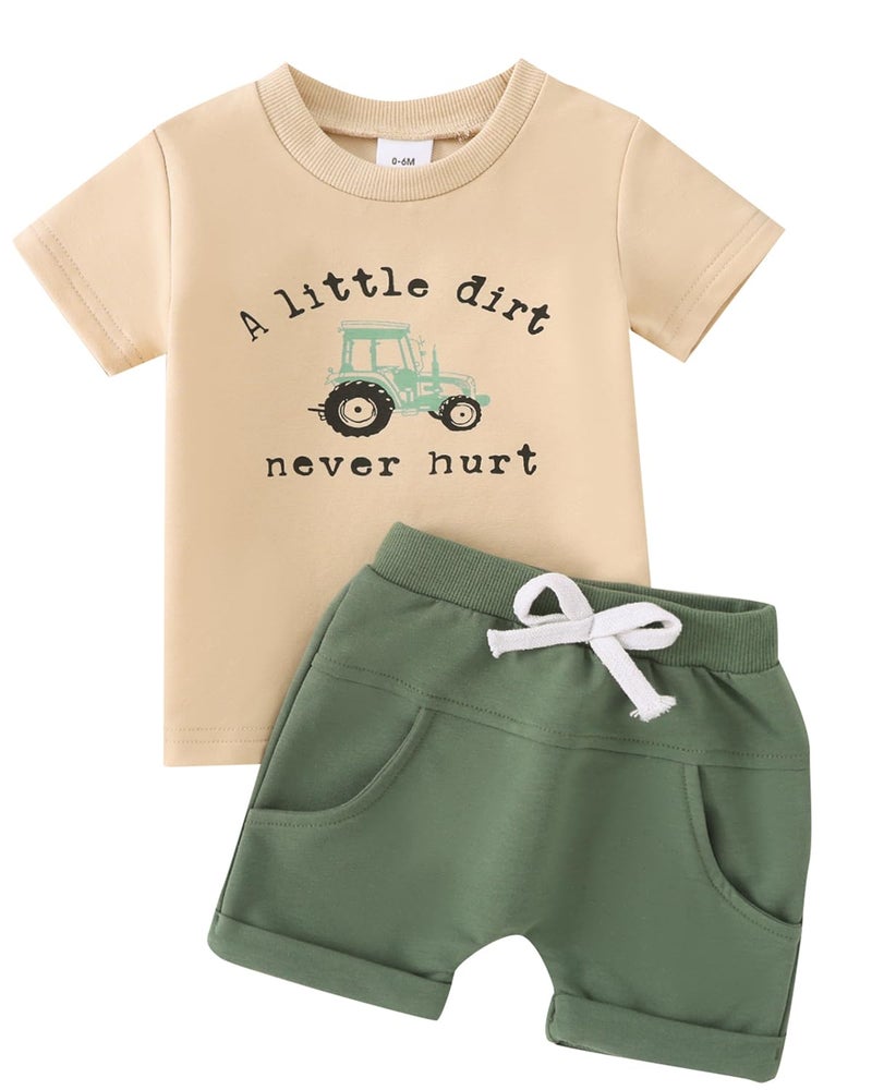 Yvowming Toddler Baby Boy Clothes Kids Summer Truck Print T Shirt Short Set with Pockets 0-4T (Apricot and Green, 3-4T) - Image 1